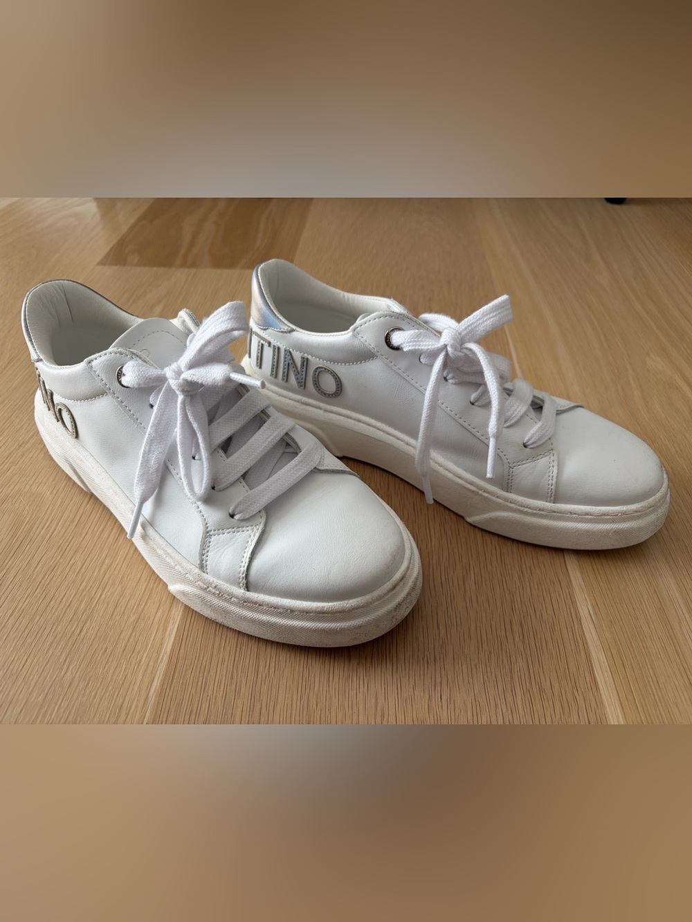 Valentino White Leather Low-Top Sneakers with Silver Heel Logo - Picture 3 of 4